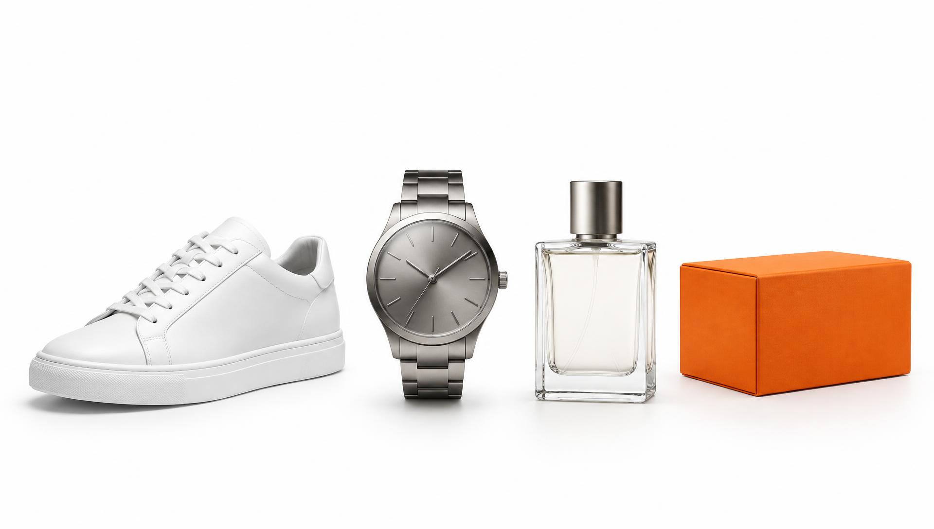 Sneakers, a watch, perfume, and an orange box